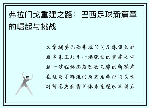 弗拉门戈重建之路:巴西足球新篇章的崛起与挑战 弗拉门戈重建之路:巴西足球新篇章的崛起与挑战